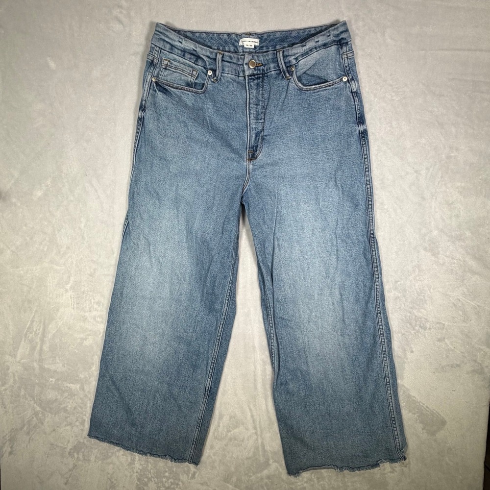 Good American Good Skate Wide Cropped Jeans Womens 14/32 High Rise Raw Hem Flare
